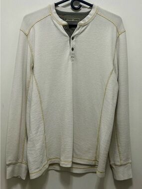 Eddie Bauer Cream Waffle-Knit Henley with Olive Placket
